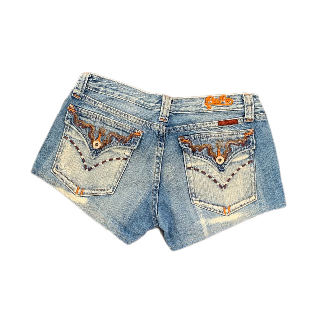 Y2K Miss Me Women's Blue Denim Mini Shorts with Orange Embroidery — Size